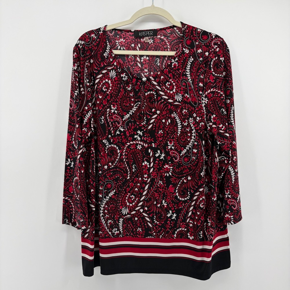 Kasper Womens XL‎ Red Paisley Blouse 3/4 Sleeve Keyhole Neck Striped Hem Top